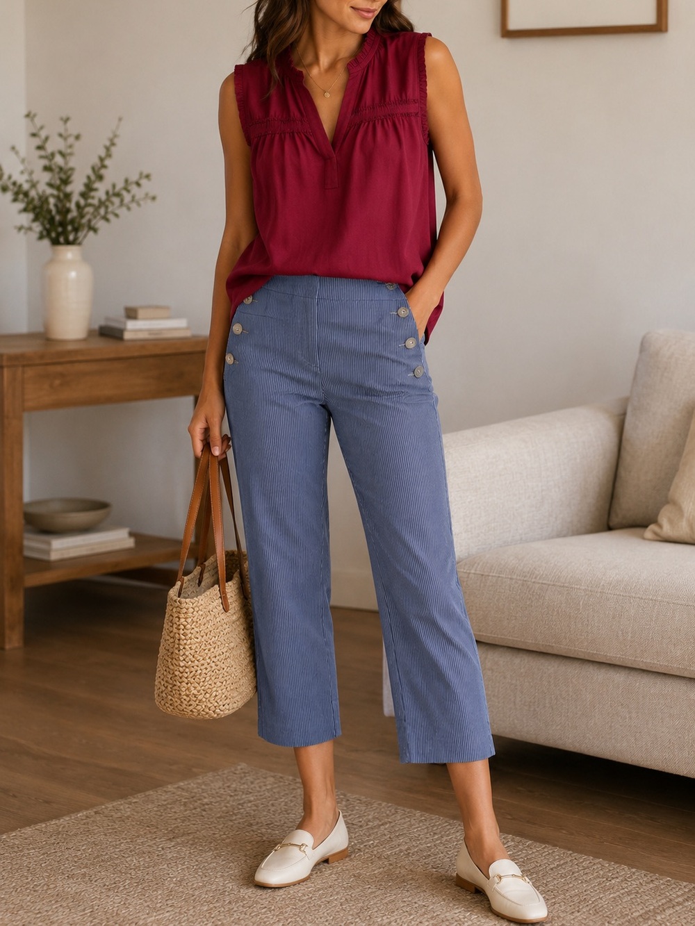 LOFT Marisa Blue Pinstripe Sailor Button Cropped Pants Size 4P
